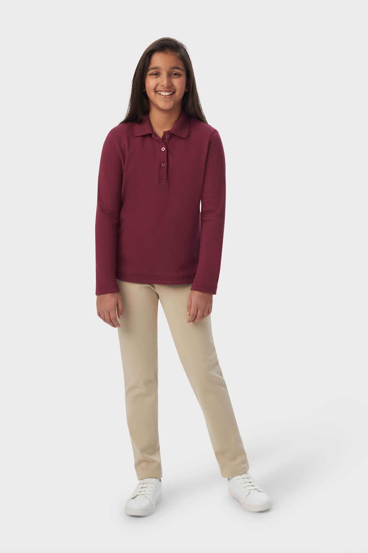 Long Sleeve Fitted Interlock Polo with Picot Collar (Feminine Fit) - French Tooast